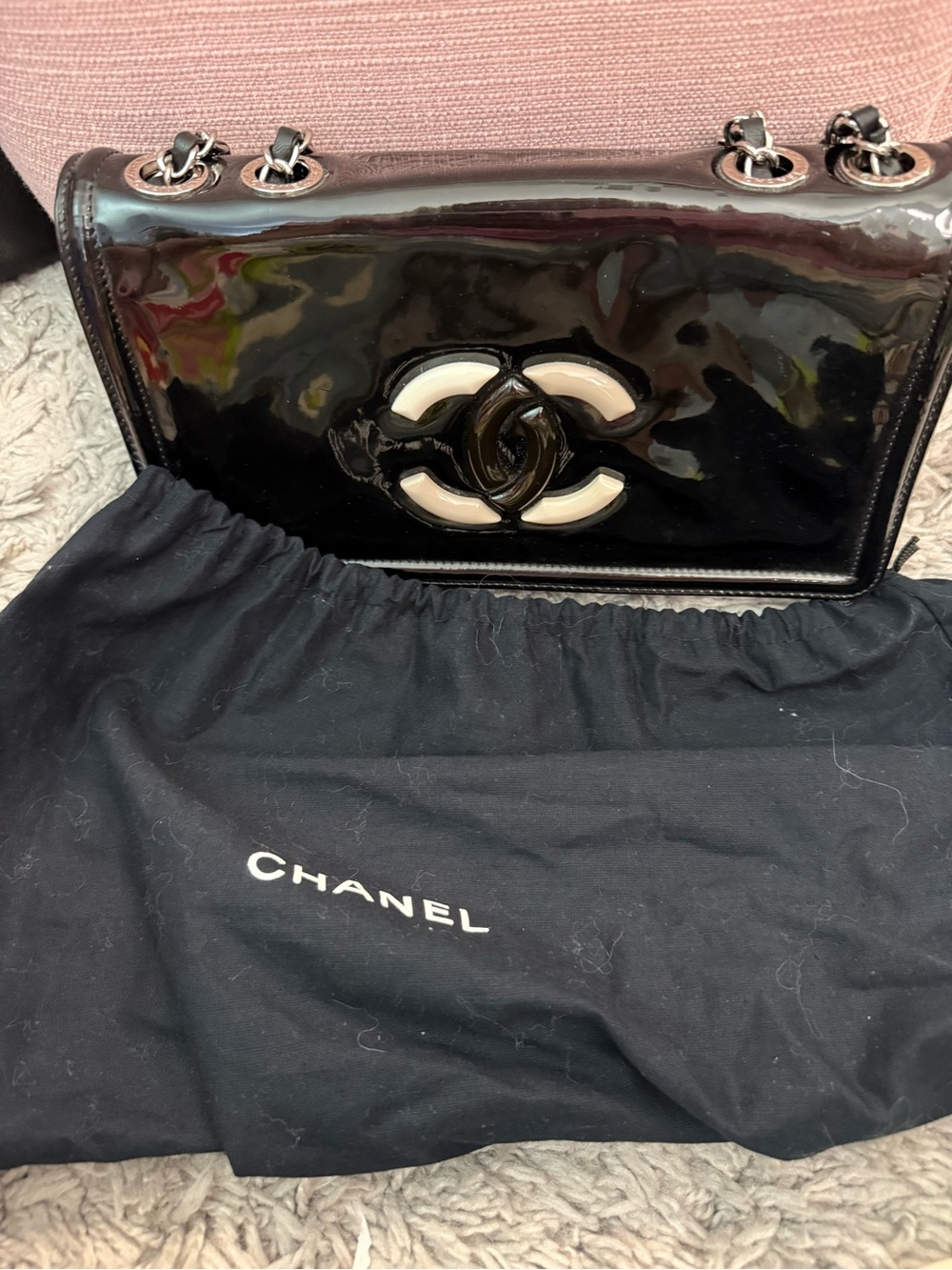 CHANEL Lipstick Black Patent Leather Chain Shoulder Bag with tri-color CC - Picture 9 of 10